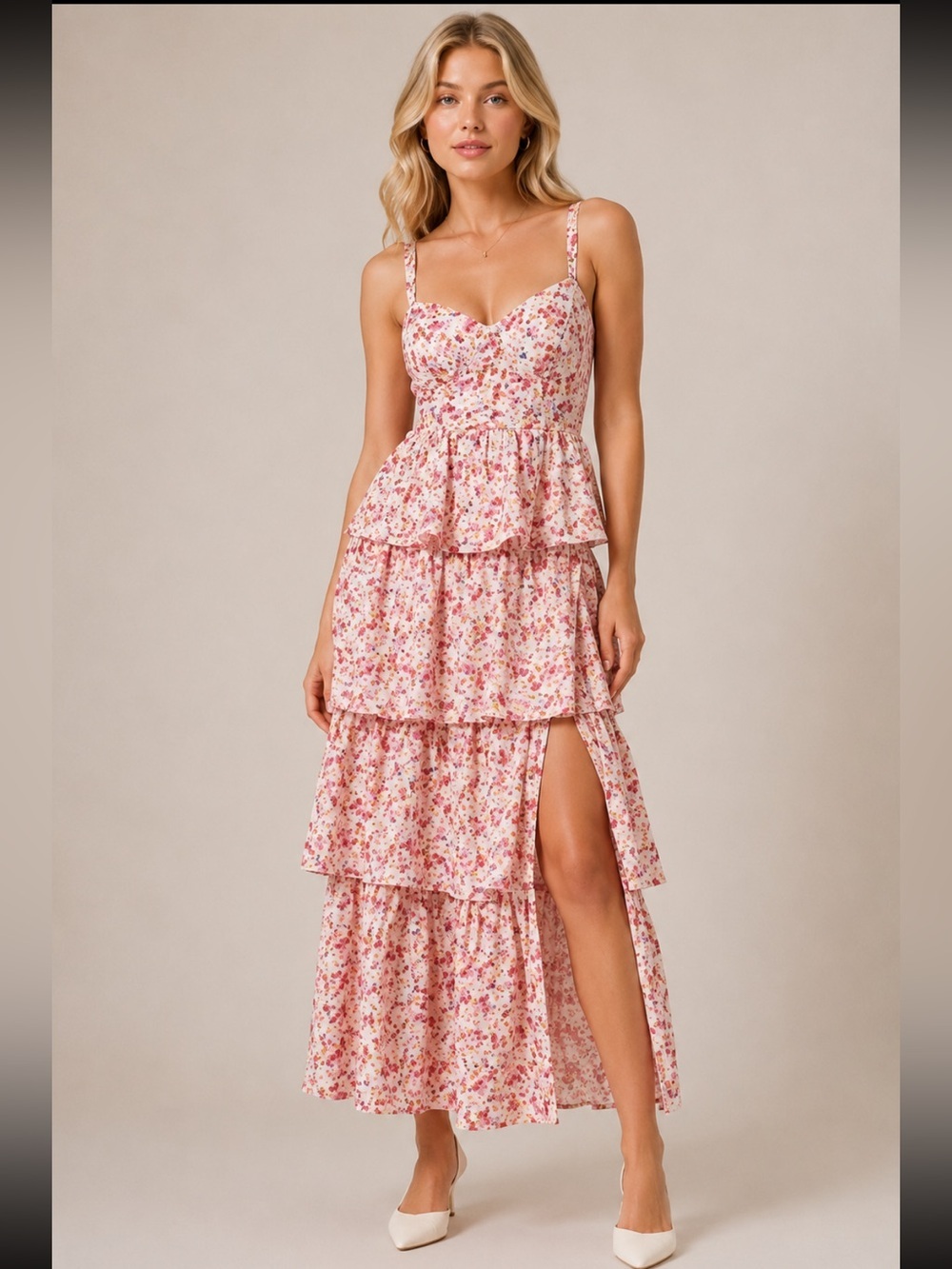 ASTR the Label Pink Multi Floral Midsummer Eyelet Maxi Dress Medium 8148